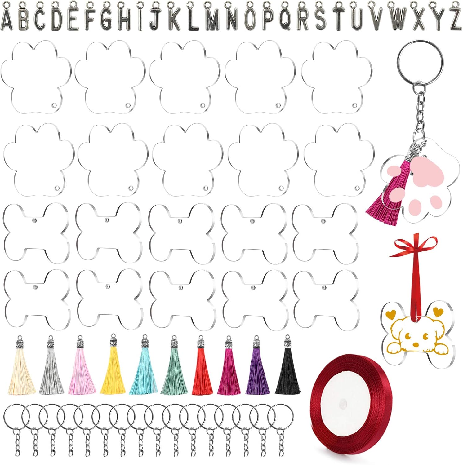 Acrylic Keychain Blanks, 34PCS Clear Acrylic Transparent Blanks Keychain Tassels Pendant Decorative Keyrings, Keychains Making Kit Pet Ornament for DIY Crafts and Project, Dog Bone and Cat Paw