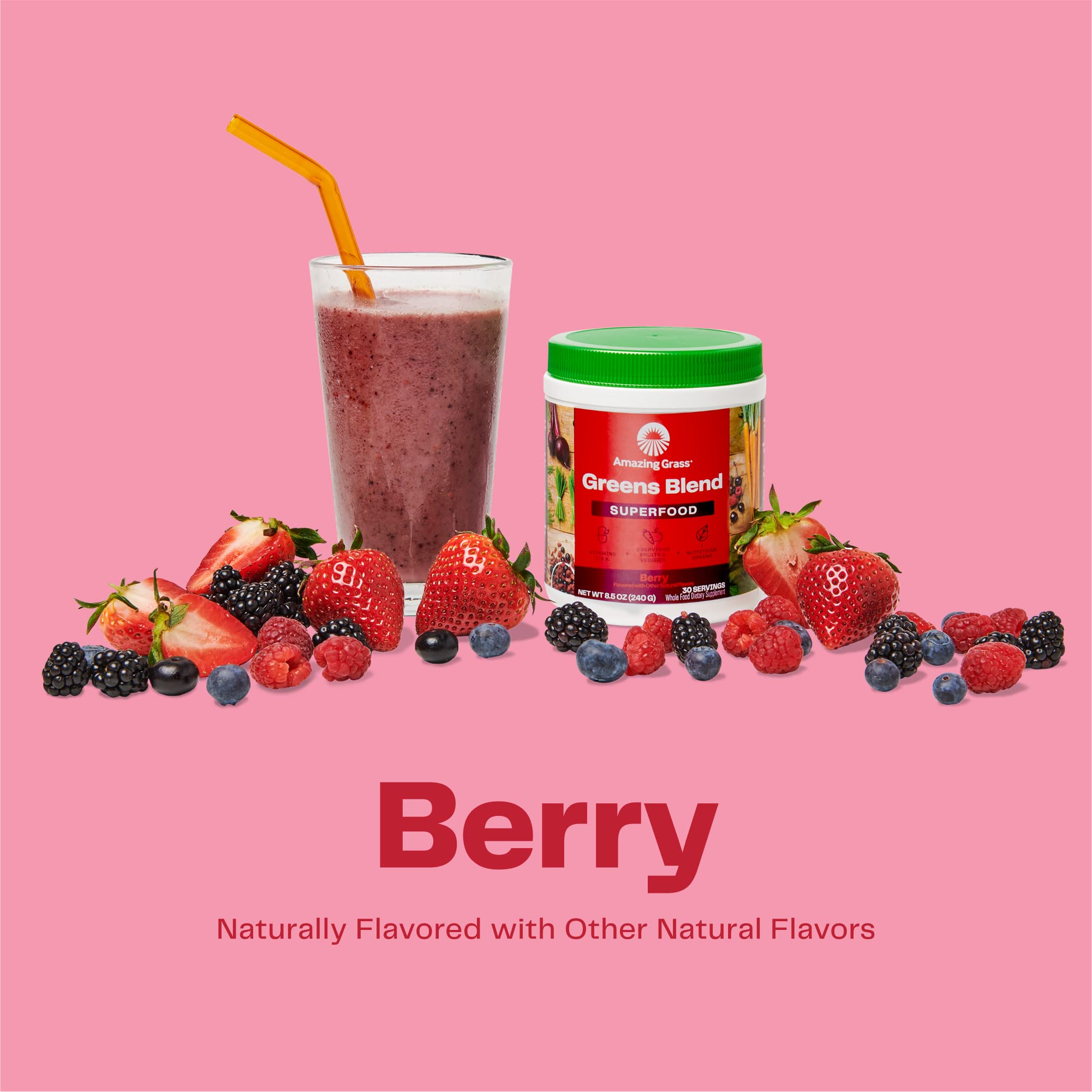 Amazing Grass Greens Blend Superfood: Super Greens Powder Smoothie Mix with Spirulina, Chlorella, Beet Root Powder, Digestive Enzymes & Probiotics, Berry, 60 Servings (Packaging May Vary)
