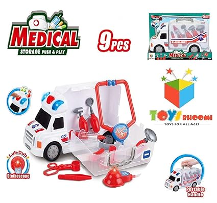 Toys Bhoomi 9Pcs Junior Doctors Medical Storage Toy Truck Vehicle Carrier Car Case with LUB-Dub Stethoscope for Kids (661-172)