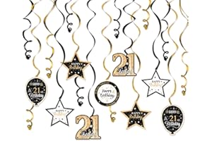Nelbiirth Happy 21st Birthday Black & Gold Glitter Swirls Streamers Party Decorations - 15 Pcs 21st Birthday Hanging Swirls Streamers Kit,Perfect for 21st Bday Party Sign.