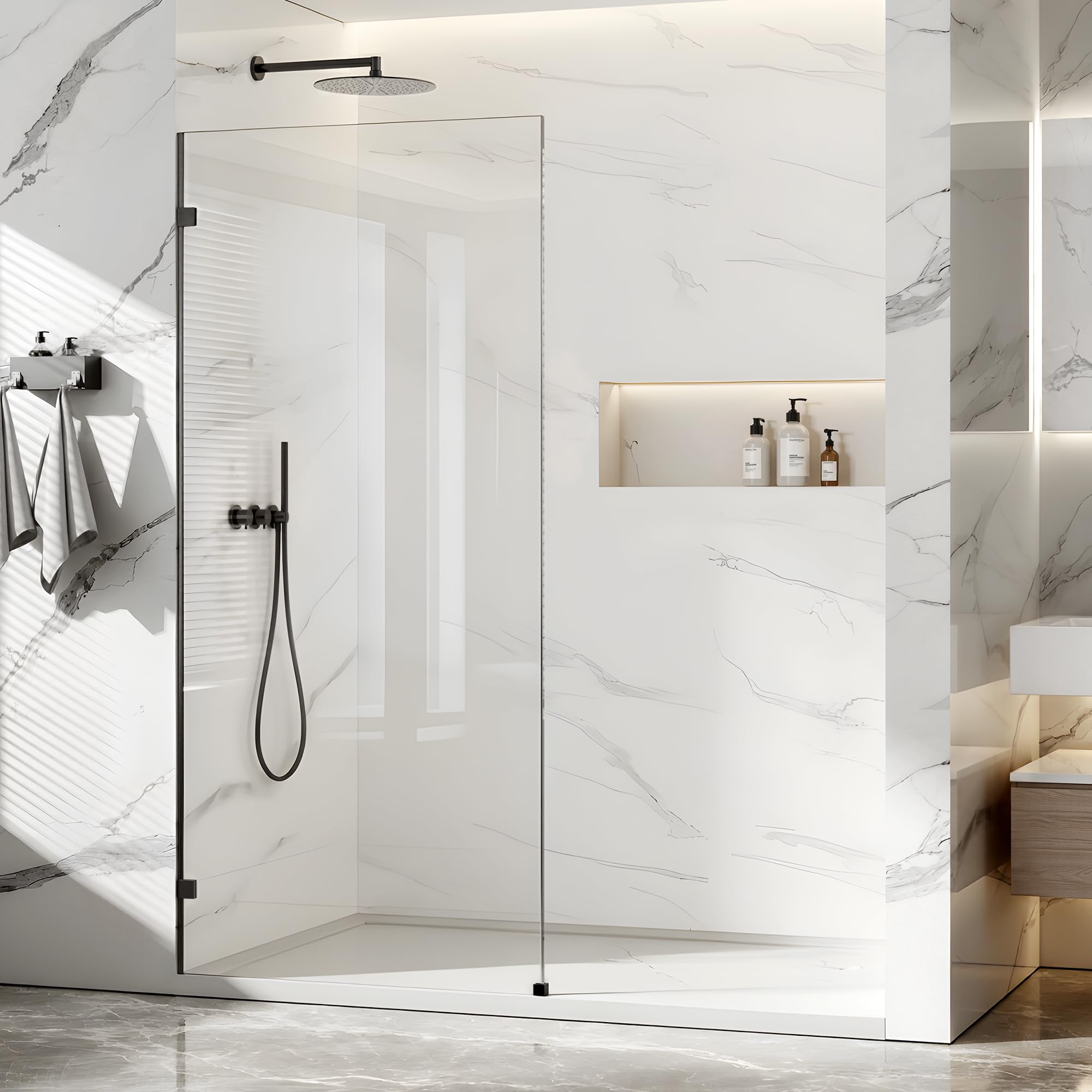 Photo 1 of Shower Glass Panel Fixed Shower Screen, 36” W x 78” H 3/8” 10mm Single Frameless Shower Doors for Walk in Shower with Clear Tempered Glass Explosion-Proof Film for Bathroom, Matte Black Hardware