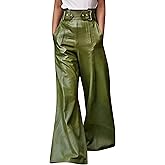 oshoplive Women's Faux Leather Pants PU High Waist Wide Leg Pants with Pockets Pleated Going Out Flare Trousers
