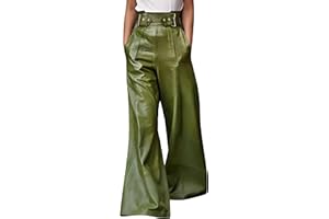 oshoplive Women's Faux Leather Pants PU High Waist Wide Leg Pants with Pockets Pleated Going Out Flare Trousers
