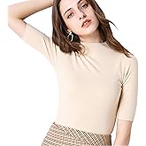 Anbenser Women’s Short Sleeve Mock Pullover Sweater Knit Jersey Top Slim Fit (Beige, Size XS)