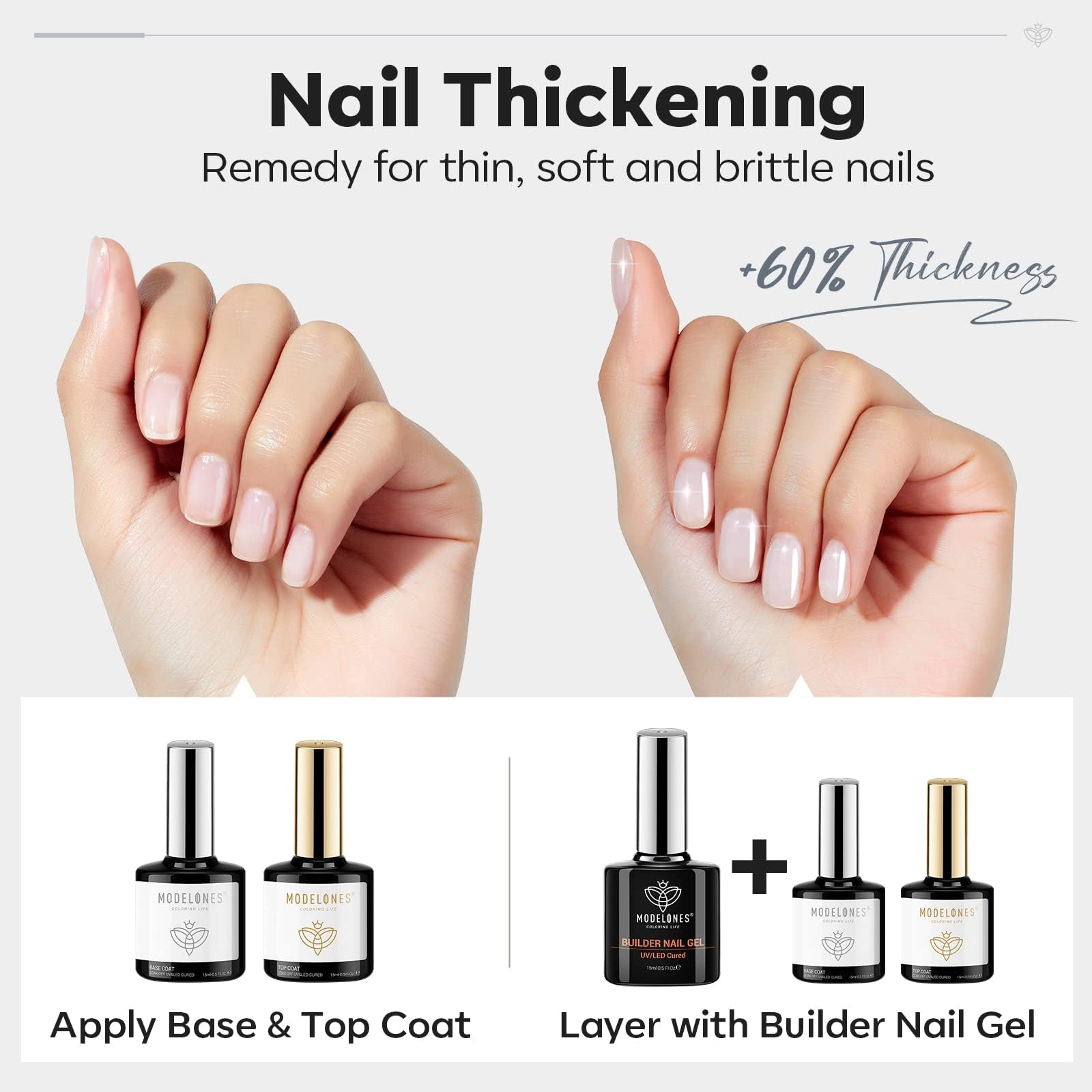 modelones Builder Nail Gel with Gel Top and Base Coat, 3Pcs Clear Builder Nail Kit for Thickening Apex Building Extension Rhinestone Gel Tips Glue, U/V LED Lamp Cured for Home DIY Salon Girls - Image 3