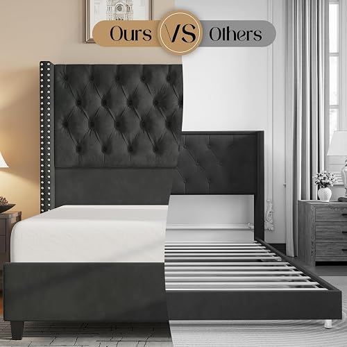 Jocisland Upholstered Bed Frame With Tall Headboard - Queen Size, Velvet Tufted Platform Bed, No Box Spring Needed, Grey
