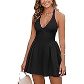 Parthea Women's Summer Halter V Neck Flowy Mini Dress Flowy A Line Bow Tie Backless Party Short Dresses