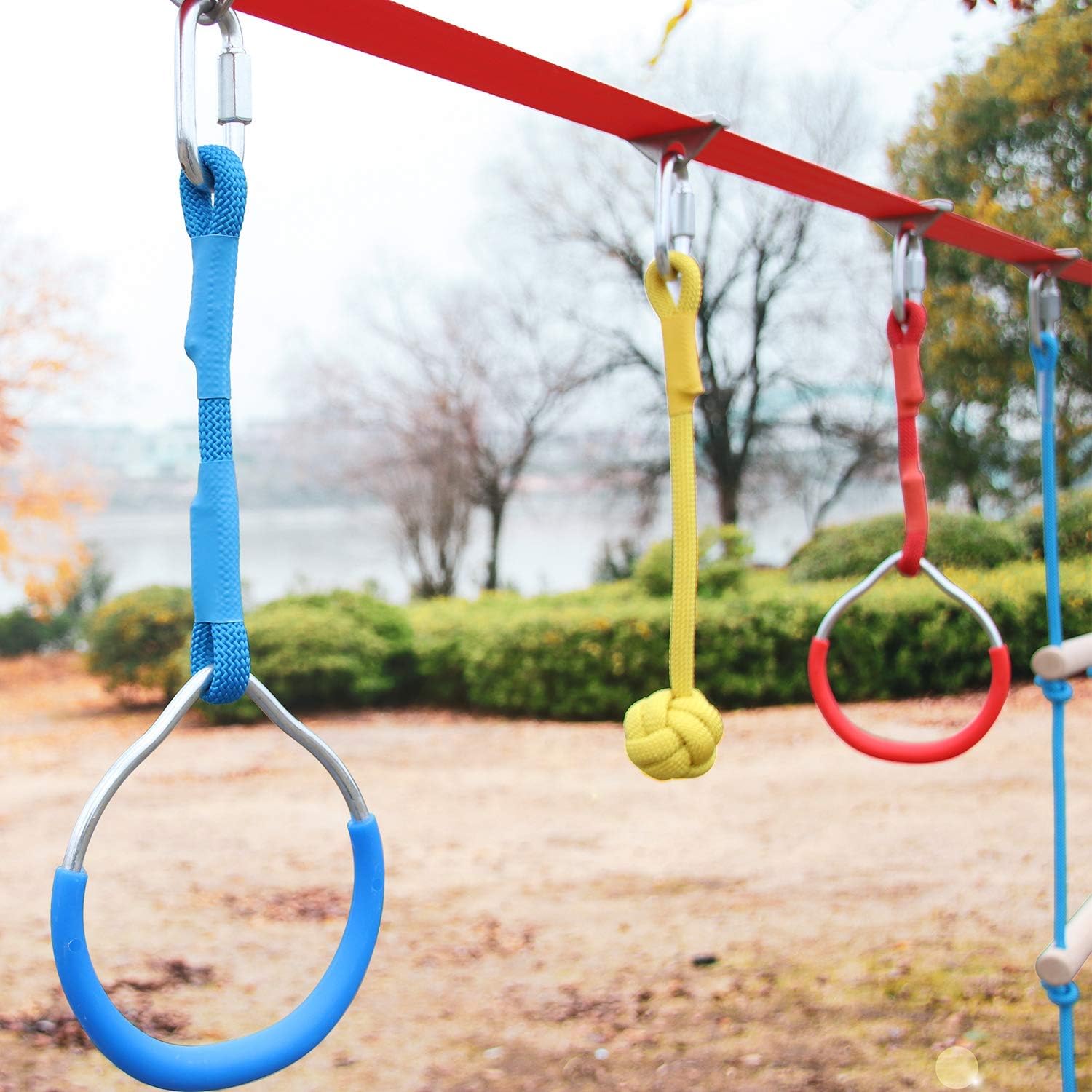 Perantlb Portable Ninja Slackline Monkey Bar & Ladder Intro Kit – 40’Kids Gym Swinging Obstacle Course Set, Training Obstacle Course Equipment, Slackline Gymnastic Bar, Tree Protector & Carry Bag: Toys & Games