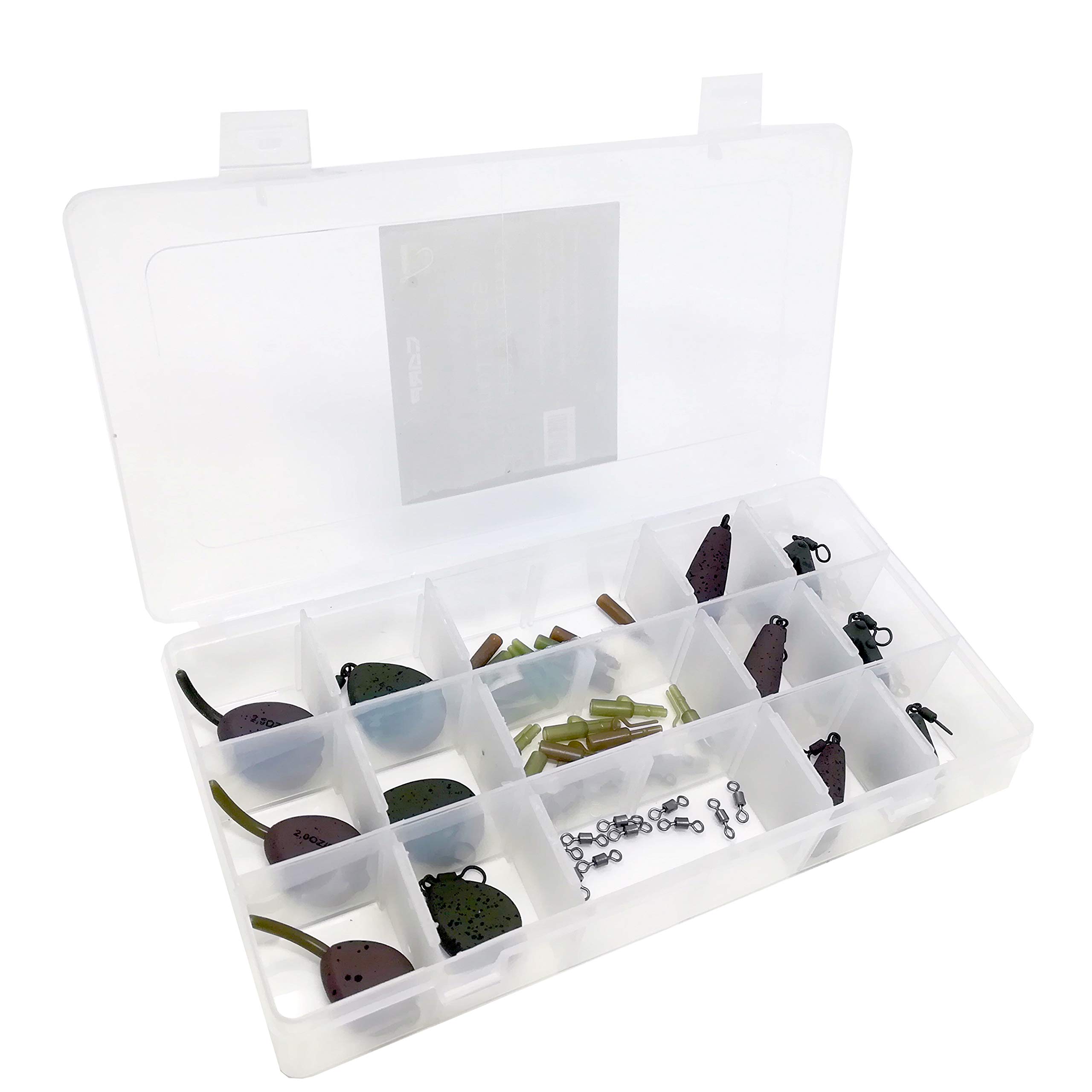 Carp On - Tackle Box Set of 12 Quality Soft Touch Camo Carp Weights (Styles: In-Line Flat Pear, Swivel Flat Pear, Distance and Gripper) with Bolt Rigs & Swivels - Assorted Sizes and Colours [35-001]