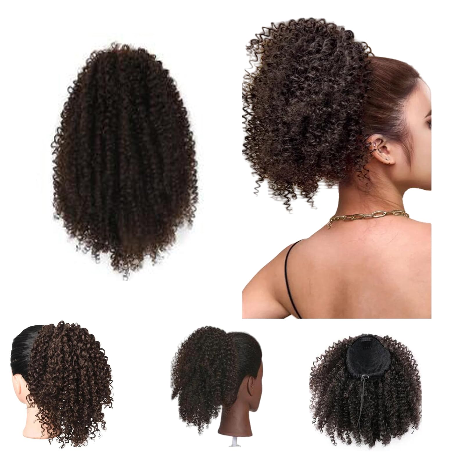 Afro Kinky Curly Drawstring Ponytail Synthetic Fake Ponytail Scrunchie Hair Bun Clip In Hairpiece Extensions Multi Layered Hair Fluffy Thick Curly Pony tail (#4, 12INCN/30CM)