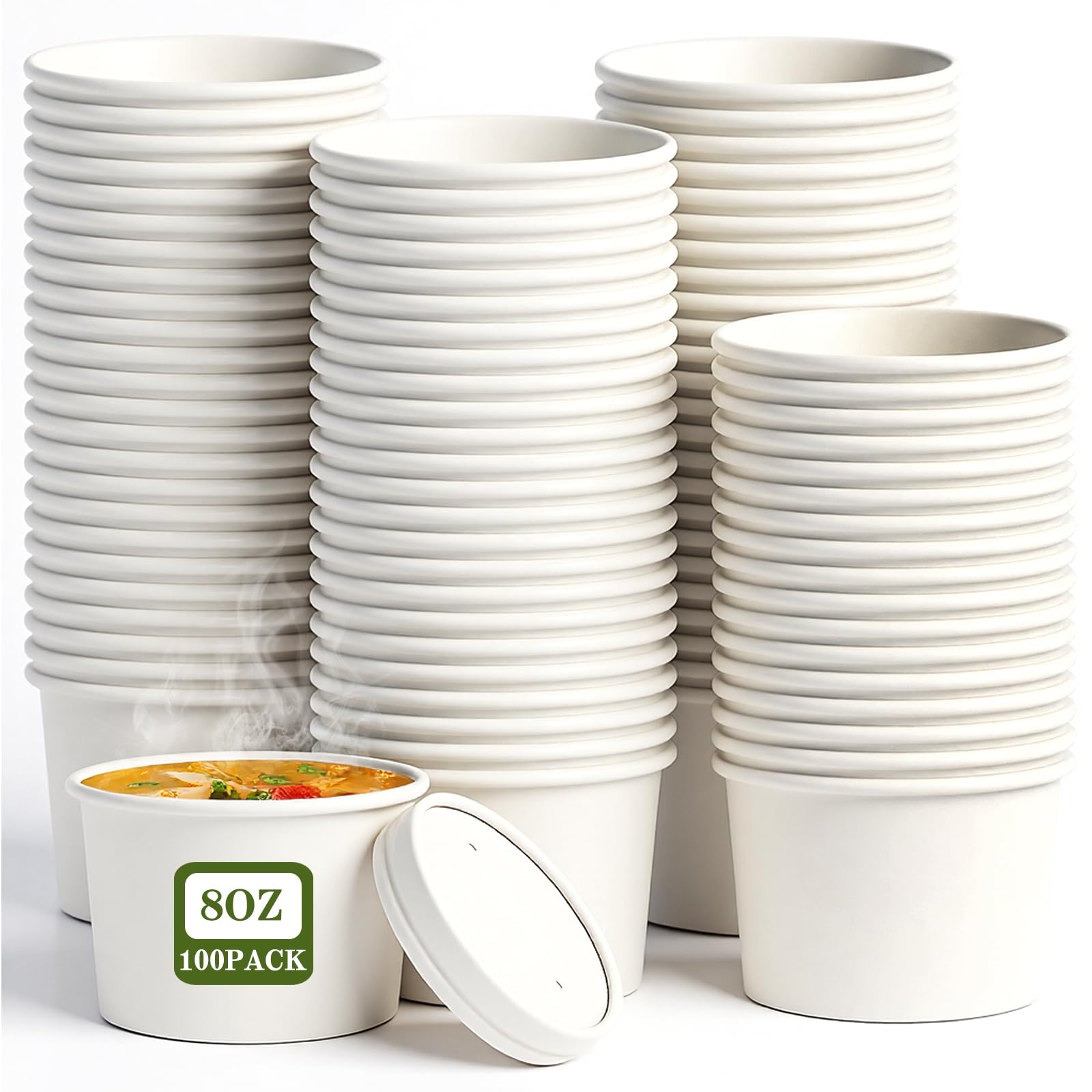 Photo 1 of 100 Pack 4 oz Disposable Soup Containers with Vented Lids, Kraft Soup Bowls Ice Cream Cups, White Paper Food Containers Microwavable and Freezer Safe for Hot Soup, Ice Cream (100 Pcs - White, 4 oz)