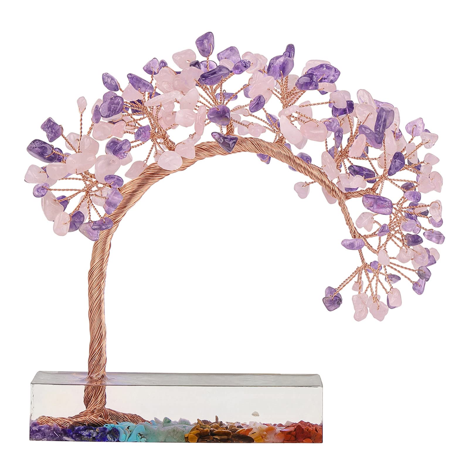 Nupuyai Amethyst & Rose Quartz Crystal Money Tree of Life with 7 Chakra Base, Spiritual Healing Stone Bonsai Tree Fengshui Figurine Ornament for Good Luck Home Office Decor