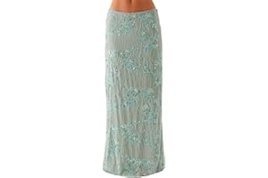 SOOKABEILA Women Y2k Sequin Long Skirt Bead Floral Embroidery Maxi Skirt Low Waist Rhinestone Glitter Bodycon Club Skirt