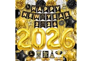 MIUCAT New Years Decorations 2026, New Years Eve Party Supplies, Black and Gold Happy Nye Party Decorations with Banner Balloons Fringe Curtains Backdrop Swirls Honeycomb