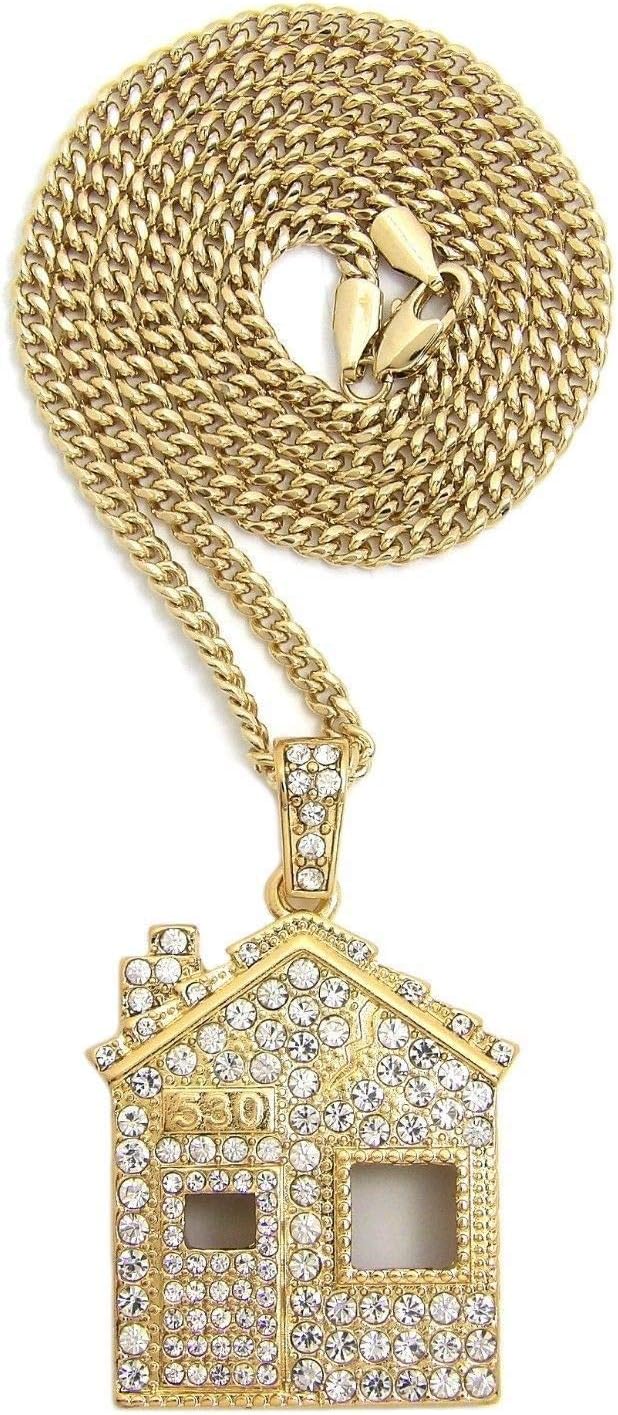 Shiny Jewelers USAMens ICED Out Offset Trap House Hip HOP Pendant Box, Rope Cuban Chain Necklace