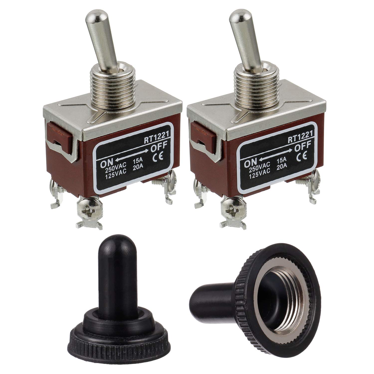 BOJACK RT1221 Toggle Switch 125V 20A 250V 15A DPDT ON - OFF 4 terminal pin Rocker Switch with Metal Waterproof Cap (Pack of 2 pcs)