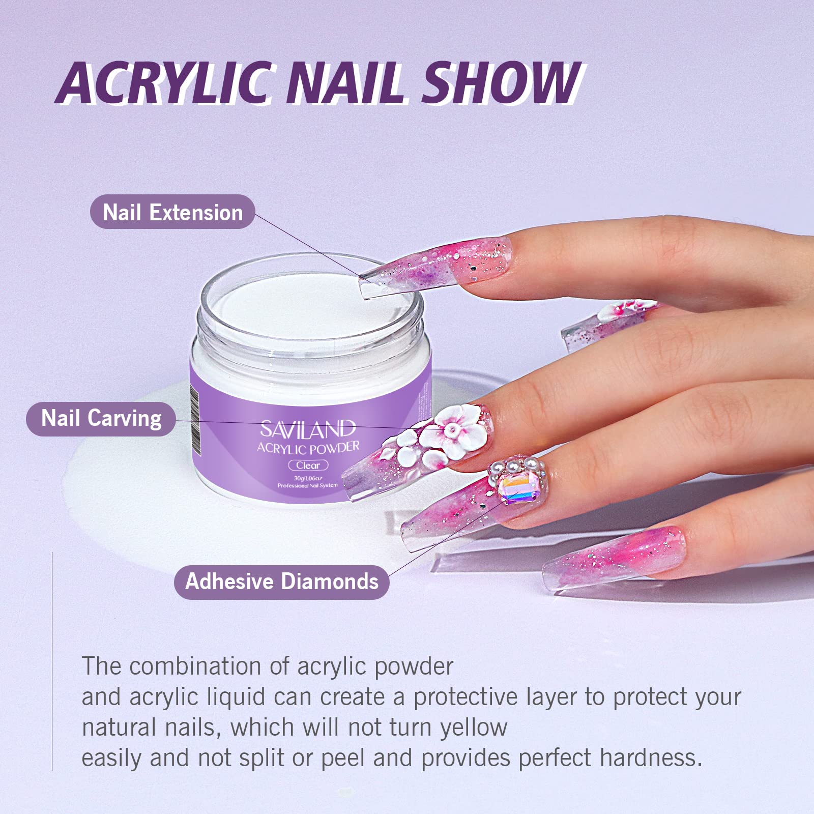 SAVILAND Acrylic Nail Kit – 30g Clear Acrylic Powder & 60ml Acrylic Liquid Set with Nail Brush Nail Forms Tools Extension Nail Kit for Beginners with Everything for Home DIY Salon Nails Application - Image 6