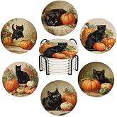 Drink Coasters for Drinks Set of 6, Fall Cute Black Cat and Pumpkin Absorbent Round Ceramic Stone Mat Coaster, with Cork Base and Metal Holder, Home Bar Decor House Warming Gift