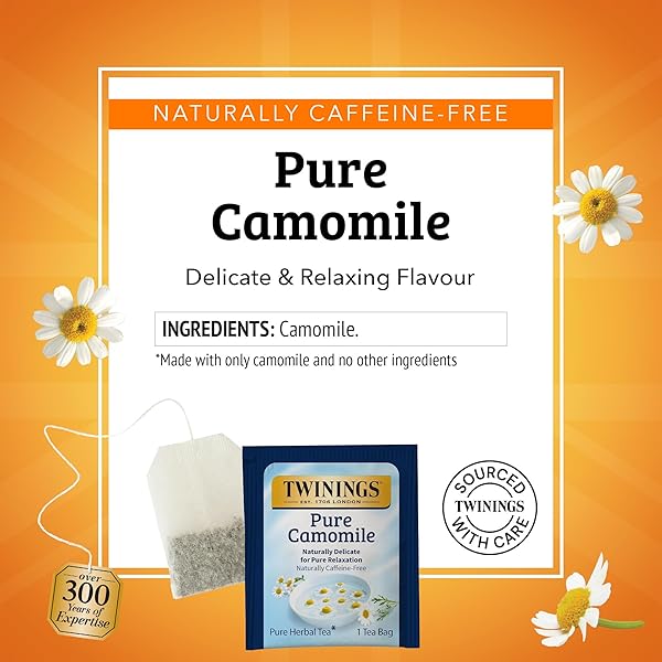 TWININGS PURE CAMOMILE HERBAL TEA INDIVIDUALLY WRAPPED BAGS, CALMING & DELICATE, 20 COUNT (PACK OF 6), NATURALLY CAFFEINE-FREE, ENJOY HOT OR ICED, 120 TEABAGS