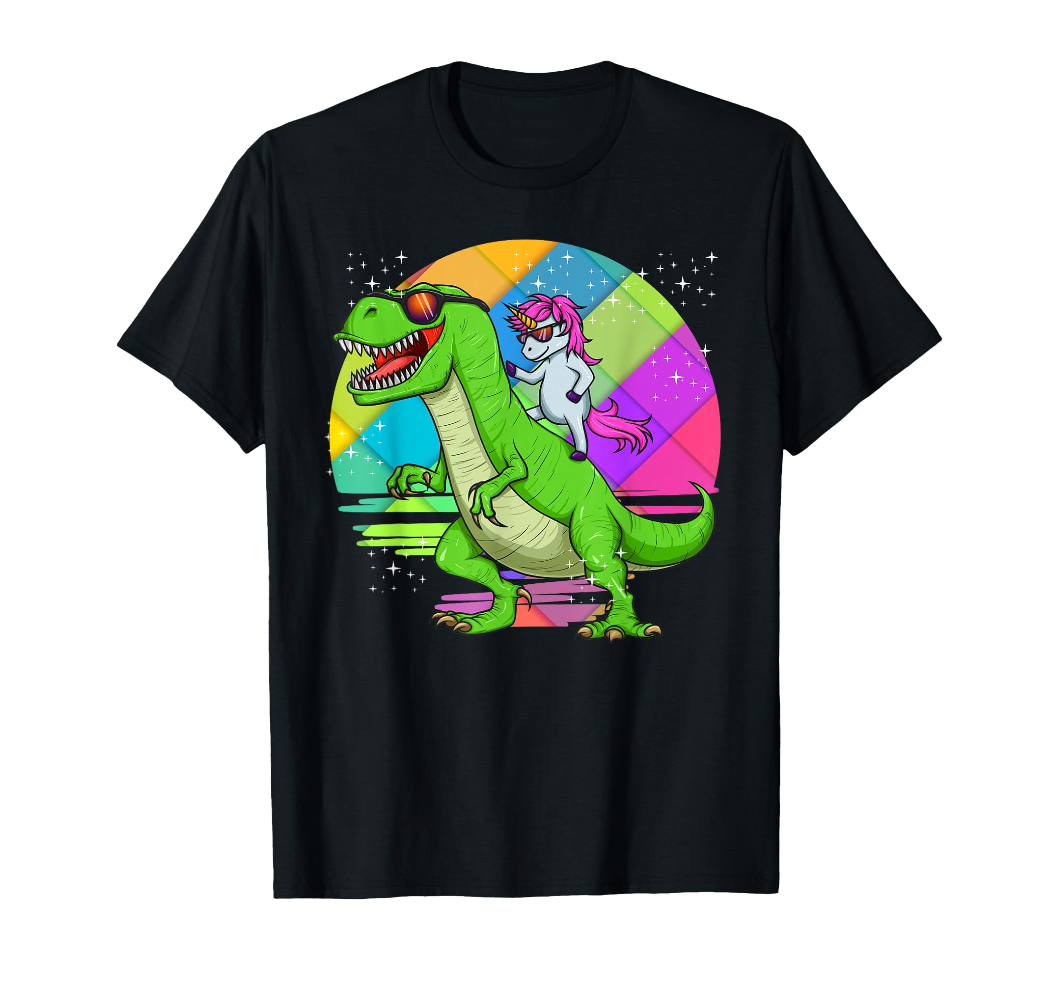 Unicorn Riding Dinosaur T Rex Rainbow Cute Fun Gift T-Shirt