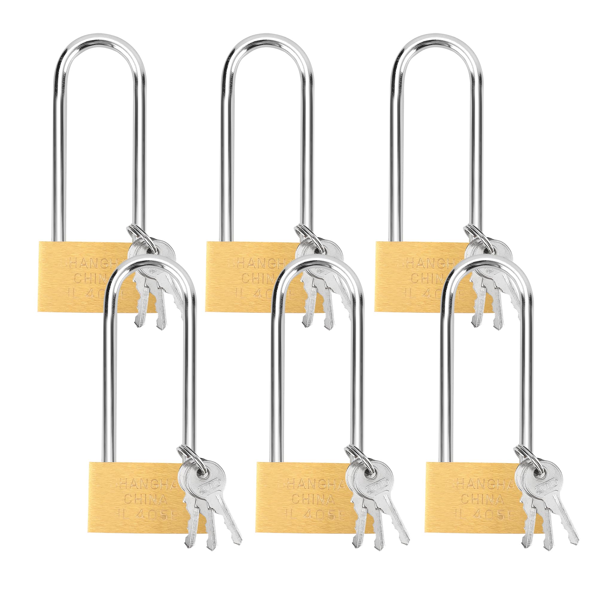 YKUKIZEE 6 Pack Long Shackle Padlock with Key, 50 mm Heavy Duty Lengthened Padlock, Weatherproof Brass Long Padlocks High Security for Outdoor Warehouse Garage Fence Shed Gate Garden
