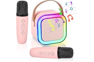 YEAHBOF Mini Karaoke Machine for Kids Adults Portable Bluetooth Speaker with 2 Wireless Microphones,Toddler Singing Toys Teen MP3 Music Player for Girl Age 3-12 Year Old Birthday Gift Family Home Party (Pink)