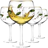 Gusto Buono Christmas Wine Glasses Set of 4, 23 oz Balloon Wine Glasses, 8 Inches Tall Stemmed Borosilicate Glassware with Holly Leaf Design, Italian Handmade Holiday Elegance