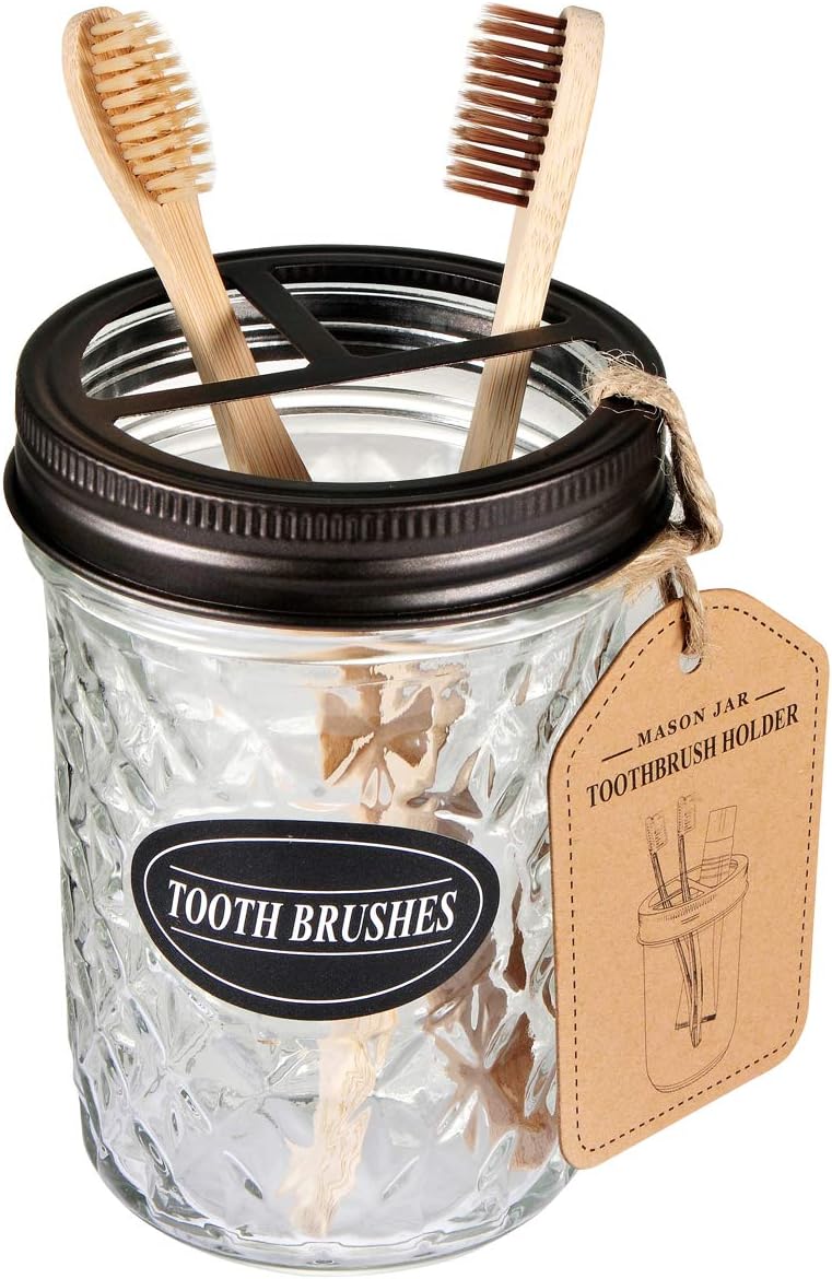 Amolliar Mason Jar Toothbrush Holder- Rustproof Stainless Steel - Holds 2 Toothbrushes and Toothpaste,with Chalkboard Labels - Farmhouse Décor Bathroom Countertop and Vanity Storage Organizer,Bronze