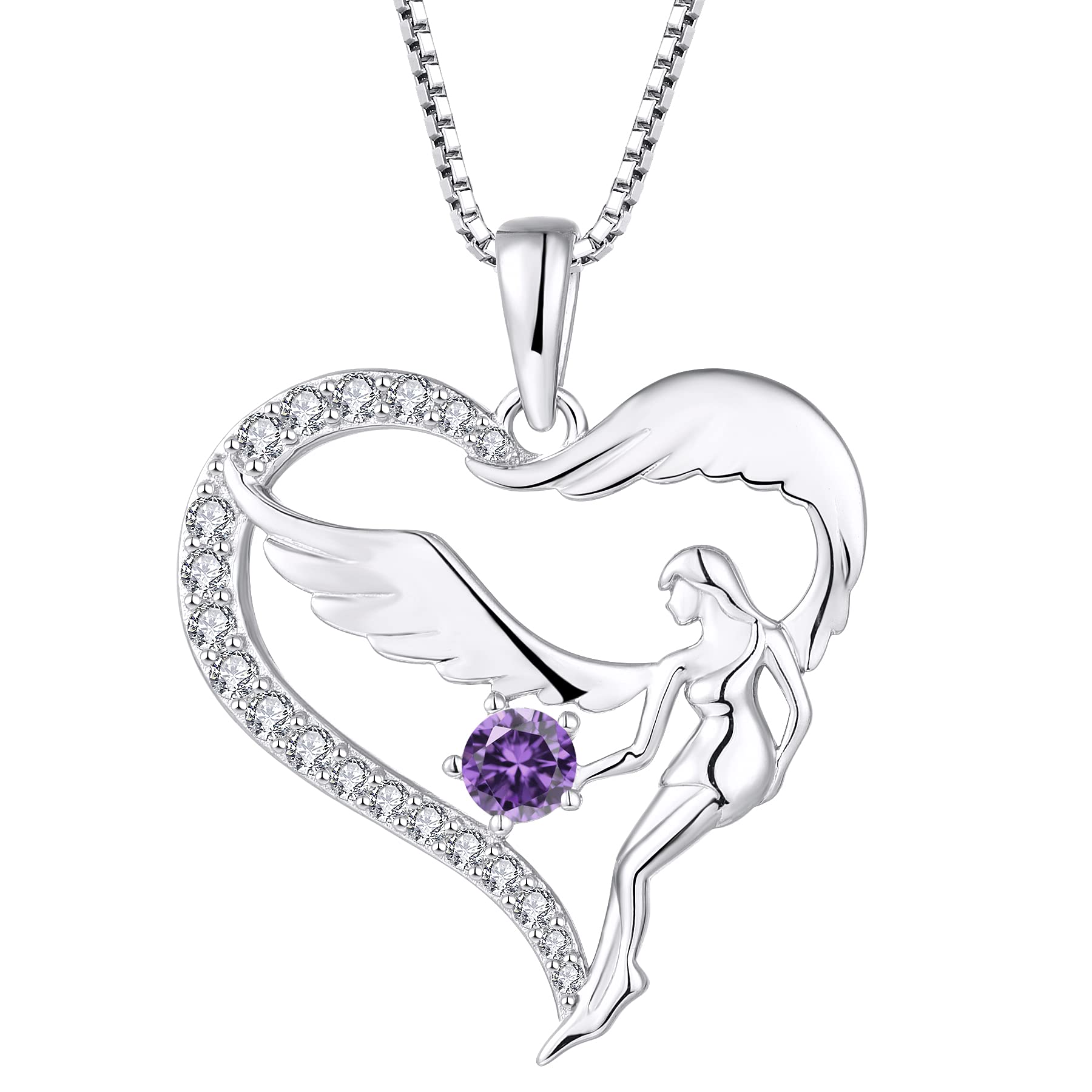 FJ Heart Guardian Angel Necklace 925 Sterling Silver Angel Wing Pendant February Birthstone Necklace Amethyst Jewellery for Women
