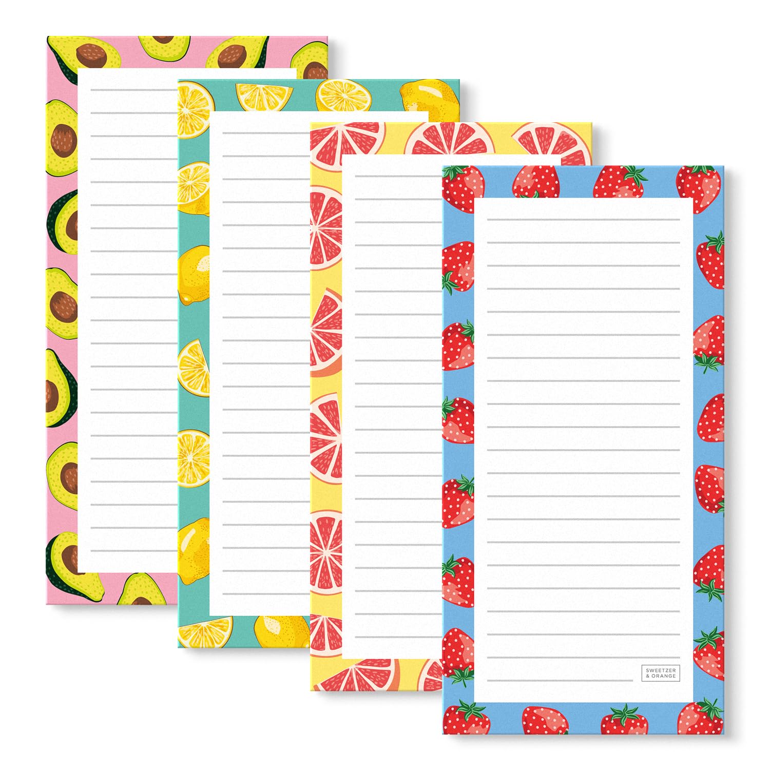 SWEETZER & ORANGE S&O Magnetic sheets for Refrigerator 4 Pack - Fun Fruity planner notes for Fridge Sets - Magnetic registry journals for cooler, sticky Notepads for freezer - 3.5” x 7”, 45 Pages