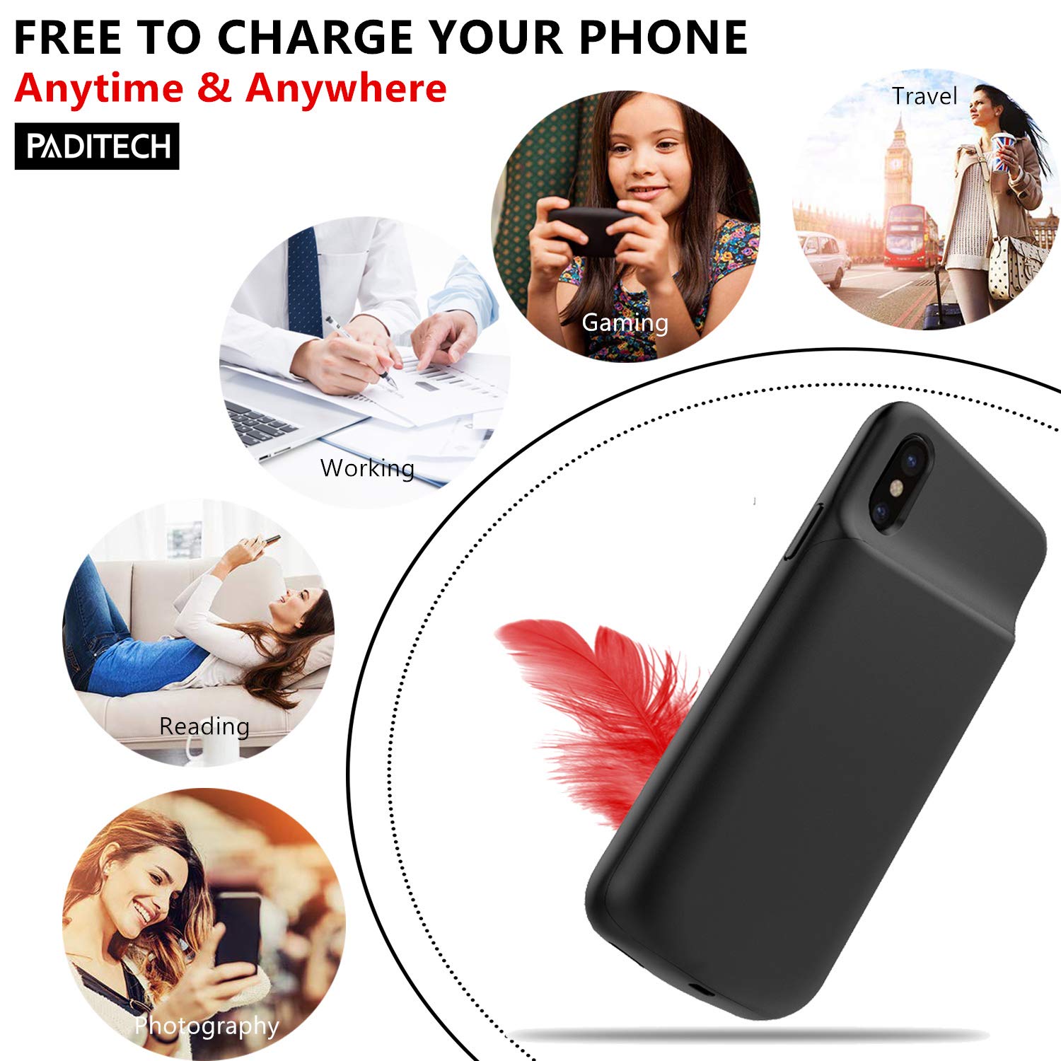 PADITECH Coque Batterie pour iPhone X/XS, 6000mAh Chargeur Portable Batterie Externe Rechargeable Puissante Power Bank Coque Batterie pour iPhone X/XS [5.8 Pouces]