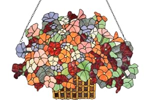 Bieye W10036 Forget-me-nots Flower Myosotis Decorated Basket Tiffany Style Stained Glass Window Panel with Chain, 24" W x 17" H