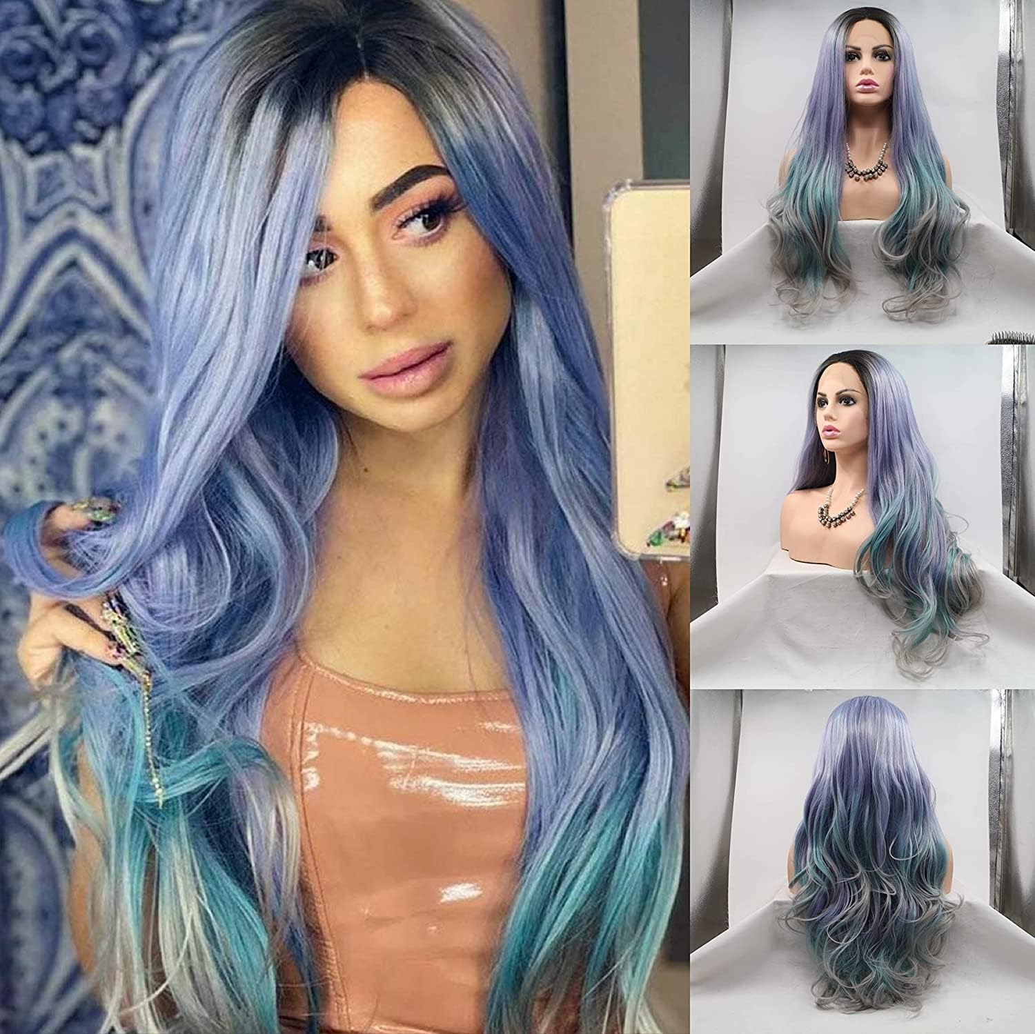 Ombre Blue Syntehtic Lace Front Wigs Body Wavy Dark Roots to Purple Blue Gray Colorful Wig Heat Resistant Synthetic Lace Front Wigs for Women 24 Inch