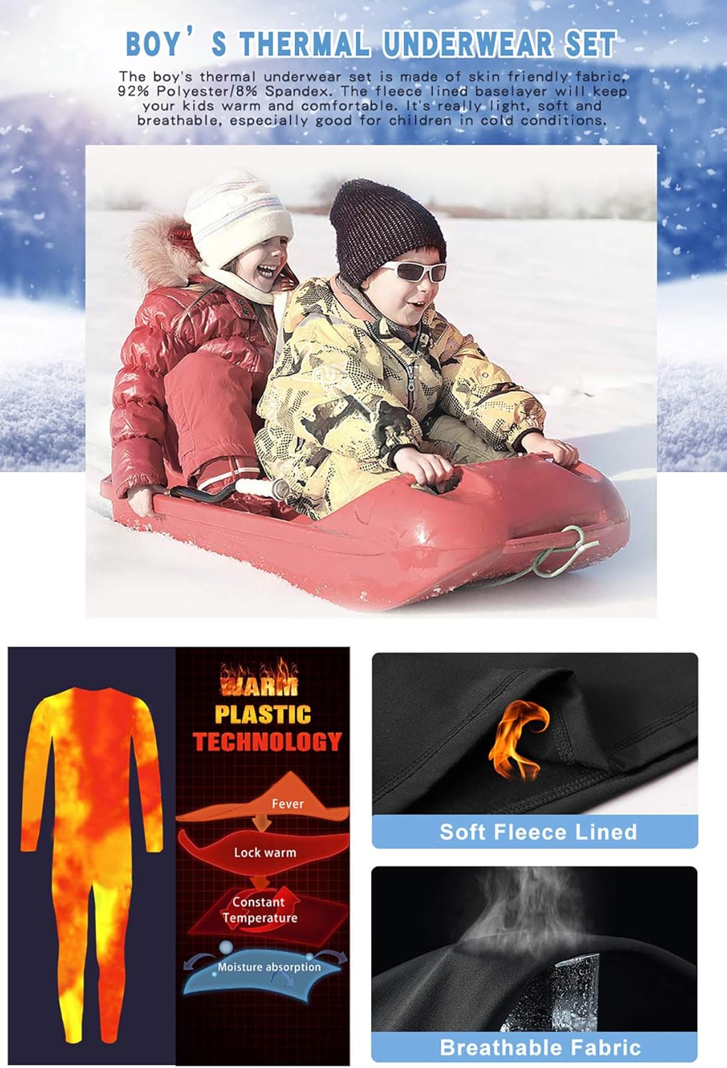 MeetHoo Thermal Underwear Set for Boys, Fleece Lined Long Johns Soft Warm Base Layer for Kids (Size 8-16 Years): Clothing