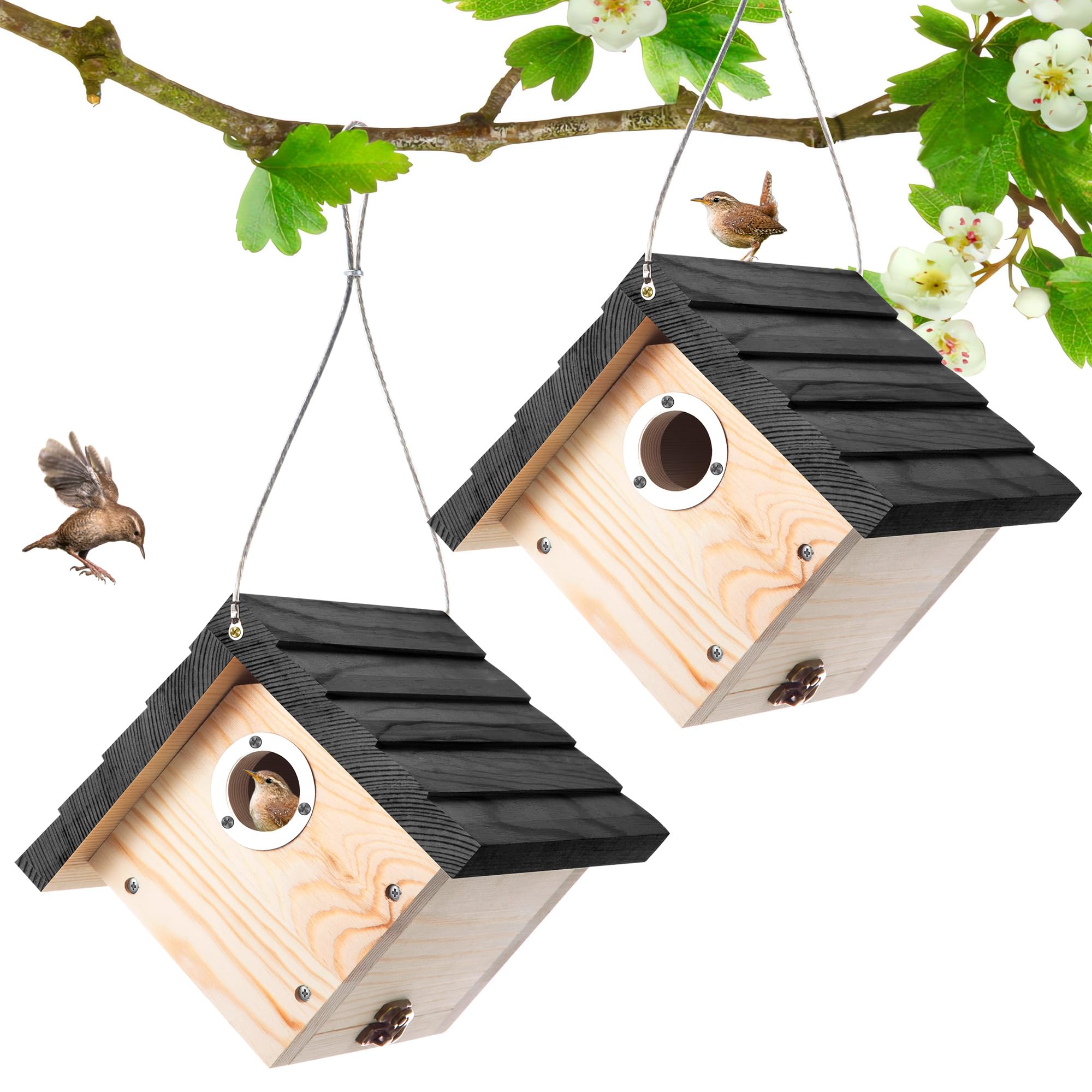 Photo 1 of Dreyoo 2 Pack Wren House, 1-1/8" Entrance Hole Wren Bird Houses for Outside with Metal Guard, Air Vents, Pine Wood, Hanging Wooden Bird Houses for Chickadees