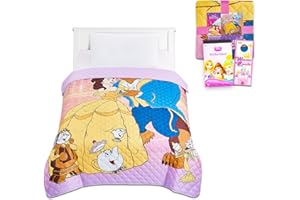 Disney Beauty and The Beast Bedspread Twin Set for Kids - Bundle with Princess Belle Quilted Bedspread for Twin Bed Plus Stickers, More | Beauty and The Beast Bedding Set for Girls