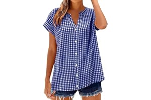 Plaid Short Sleeve Shirts for Women V Neck Button Down Blouses Casual Checkered Flowy Summer Tunic Tops