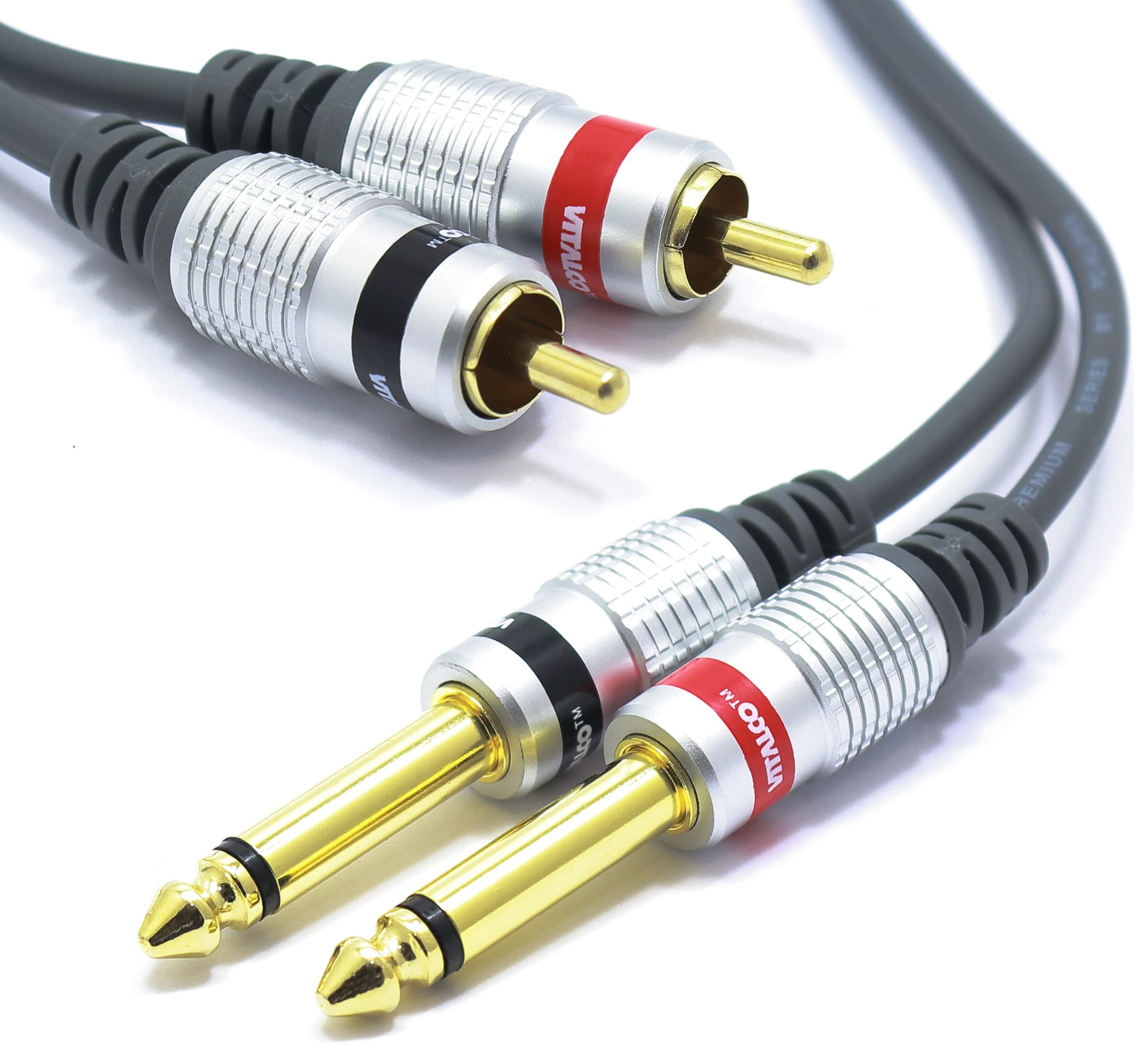 VITALCO Cable 2RCA Male To 2x Jack 6.35mm 1/4 Inch Mono 1m Audio TS 6.35 to 2 RCA Phono OFC Cables