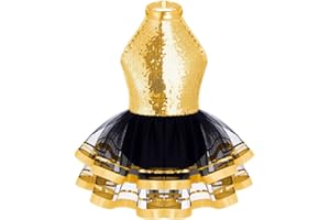 JEATHA Kids Girls Shiny Sequins Ballet Dance Dress Figure Skating Sleeveless Halter Tutu Leotard Dress Dancewear