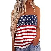 LOTUCY American Flag Strapless Bandeau Tank Women 4th of July Sleeveless Ruffled Tube Patriotic Strapless Smocked Tube Tops