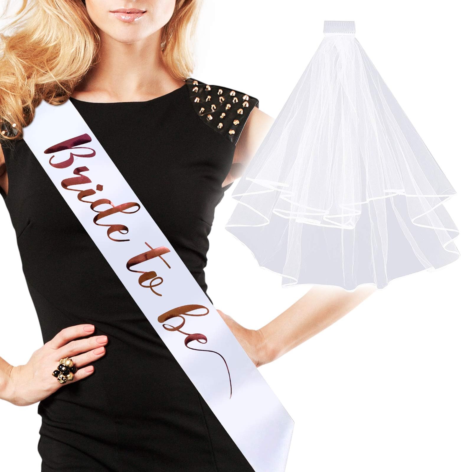 Bride to Be Sash Bachelorette Party Decoration Kit - Rose Gold on White Satin Sashes Rose Gold Bride Gift - Party Favors for Bridal Showers, Engagement Parties and Wedding Supplies (Sash and Veil)