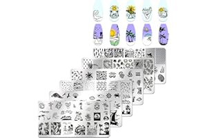 JERCLITY 6pcs Seaside Scenery Nail Stamping Plate Nail Stamping Kit for Nails Summer Beach Coconut Trees Sunset Waves Sea Animals Image Plates Nail Art Design Template Print Nail Stamper Kit for Women