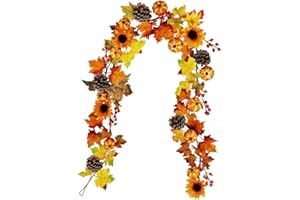 Winlyn Fake Fall Maple Leaf Garland Hanging Vine- 6 Feet - Artificial Berries Sunflower Pumpkin Autumn Decoration for Wedding Party Thanksgiving Dinner Fireplace Door Frame Doorway Backdrop Decor