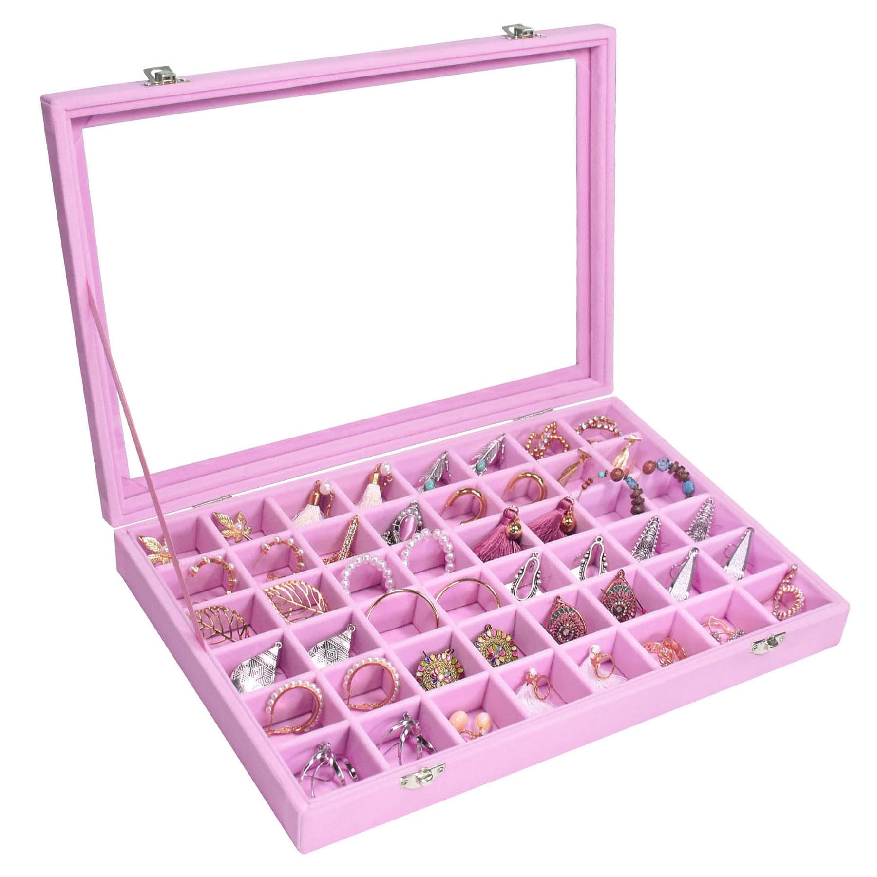 Photo 1 of Siveit Velvet Jewelry Tray 48 Grid Jewelry Display Tray Organizer Box with Transparent Lid Rings Earrings Necklaces Pendants Display Box Suitable for Women and Girls (Pink)