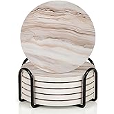 VEYRO Ceramic Coasters Set of 6 – Absorbent Stone Drink Coasters with Holder, Non-Slip Cork Backing, Modern Marble Look Coasters for Coffee Table, Desk & Home Decor