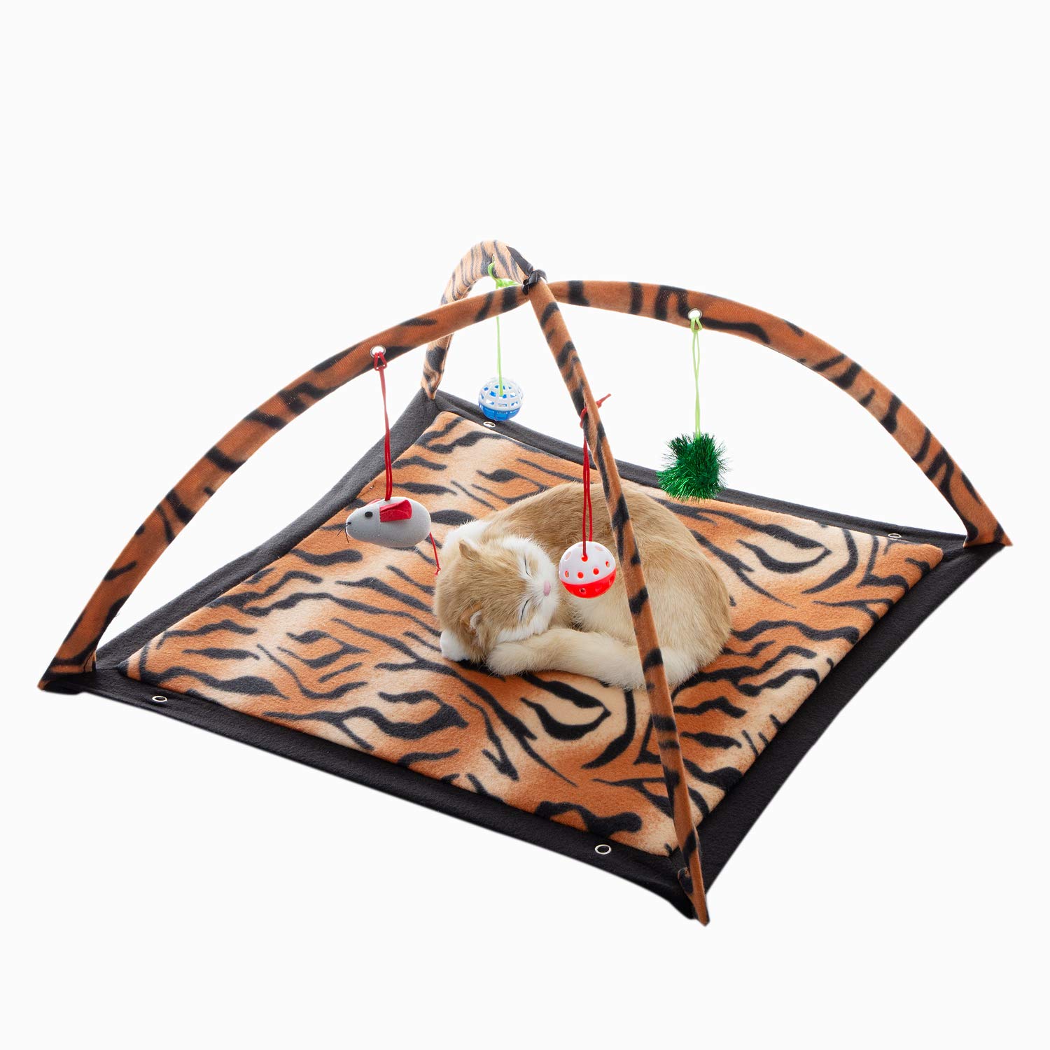 Tofern Multi-Function Pet Kitten Cat Interactive Activity Soft Fleece Folding Toy Mat Bed Hammock Tent With Hanging Mouse Bell Balls, brown