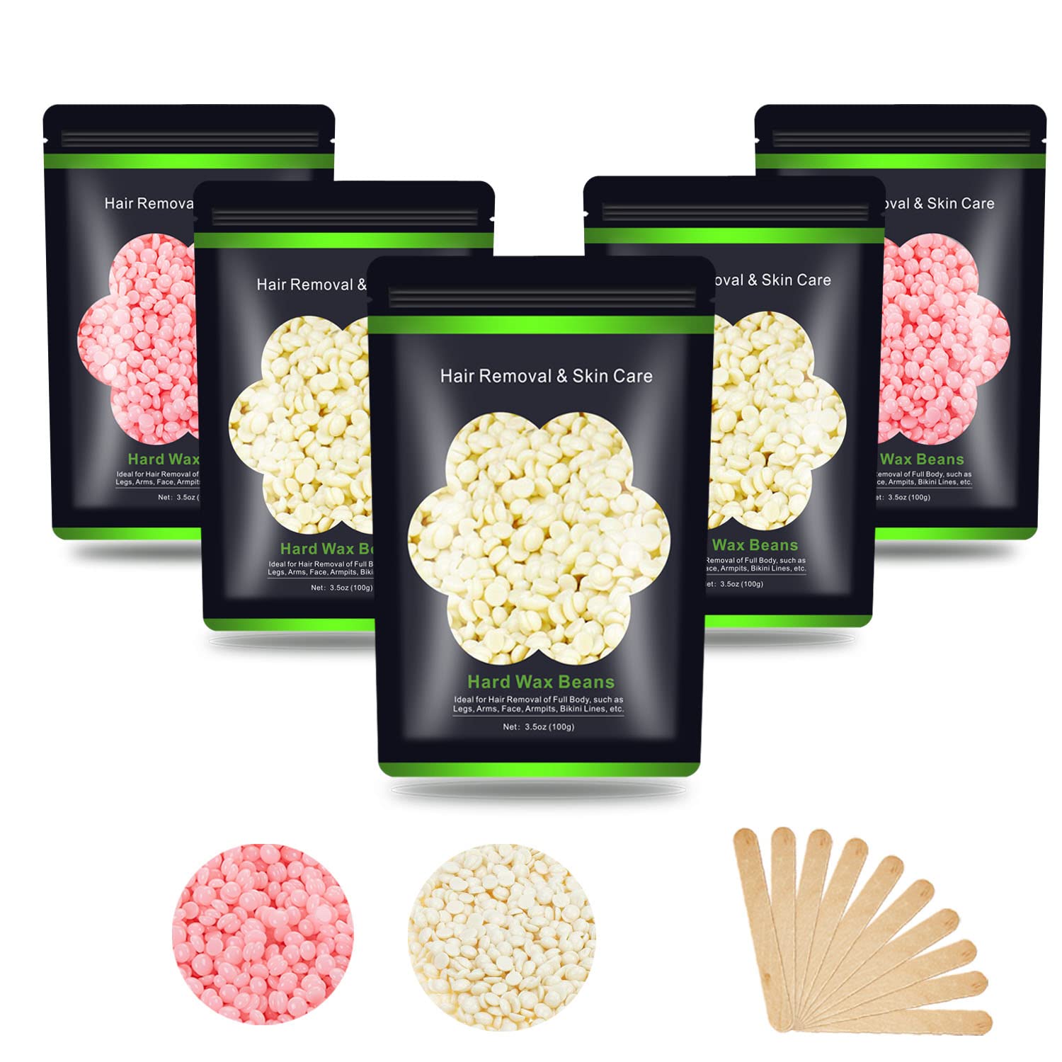 Auperwel Wax Beads for Hair Removal 1.1 lb (17.6 oz), Hard Wax Beads for Sensitive Skin - Brazilian, Face, Bikini, Legs, Eyebrow, Painless Waxing Beads Kit for Women Men, 5 Packs with 10 Wax Sticks