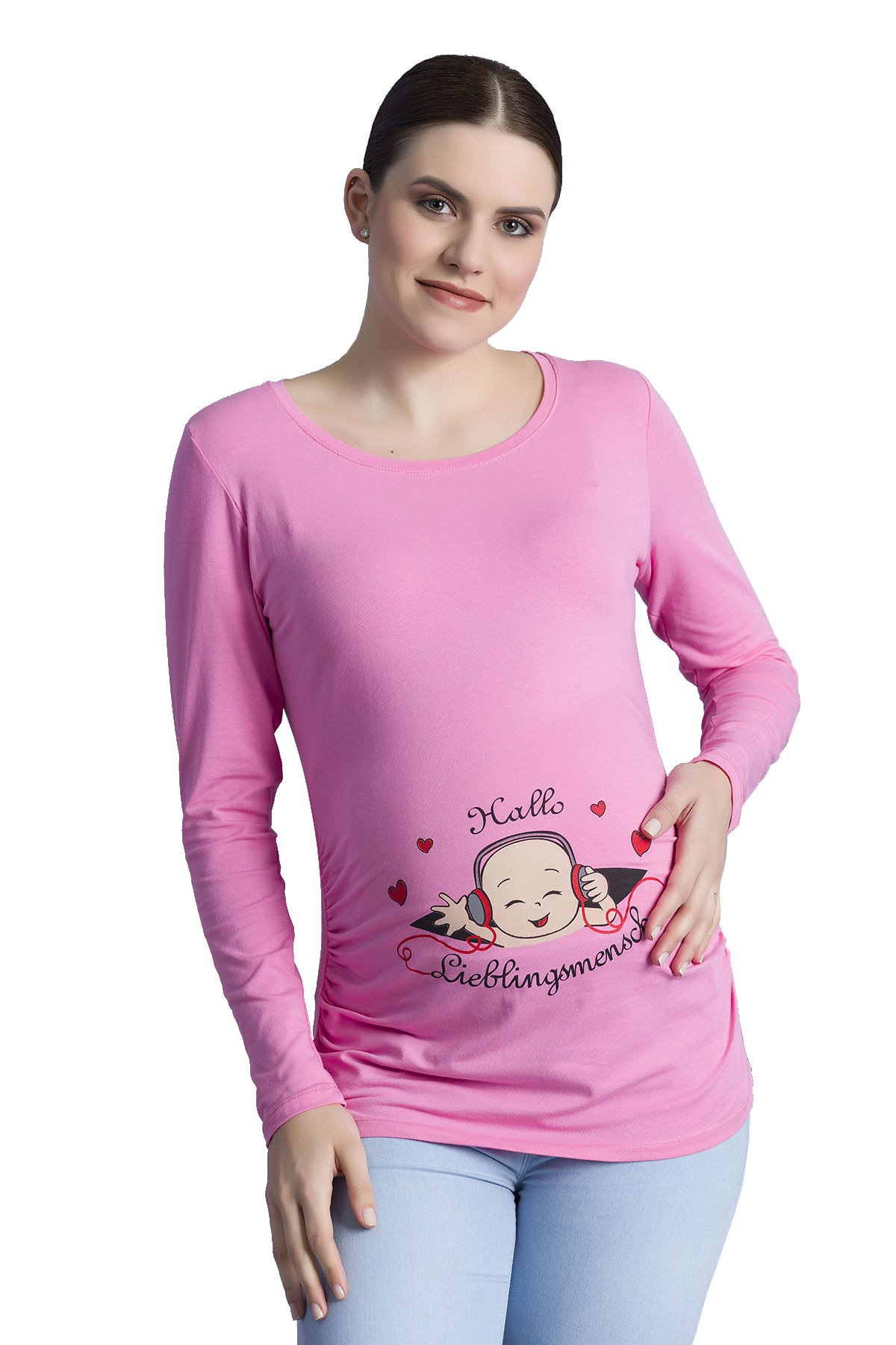 Hallo Lieblingsmensch - Funny Cute Sweet Lovely Maternity Long Sleeved T-Shirt with Print Pattern Pregnancy Gift (Pink, Small)