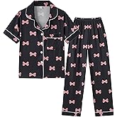 Hupohoi Girls Button Down Pajama Sets Short Sleeve Long Pants 2pcs Sleepwear Cute Patterns Outfits with Poackets Nighty