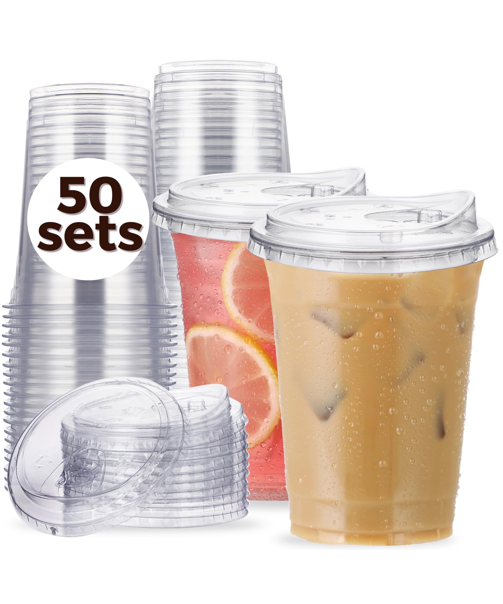 Photo 1 of 16 oz Clear Plastic Cups with Strawless-Sip-Lids, 50 Sets Disposable Cups Plastic Iced Coffee Cups, To Go Cups with Sip Through Lids for Smoothie, Milkshake, Cold Drinks for Party, Wedding, Event